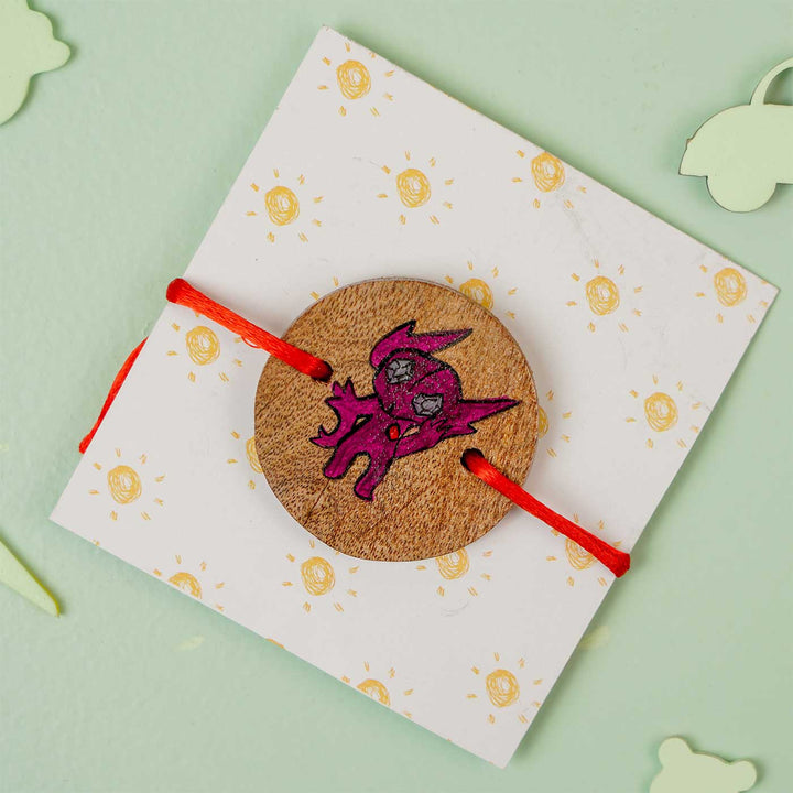 Personalized Hand Painted Sableye Wooden Rakhi With Roli Chawal - Front View on Gift Card