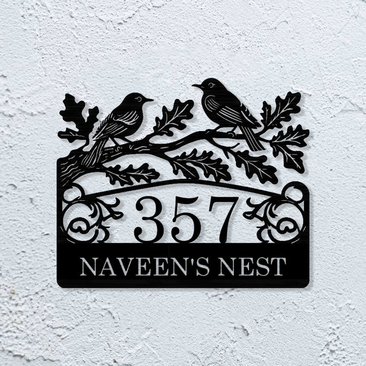Personalized Laser Cut Birds Theme Steel Name Plate - Mounted on White Wall Front View