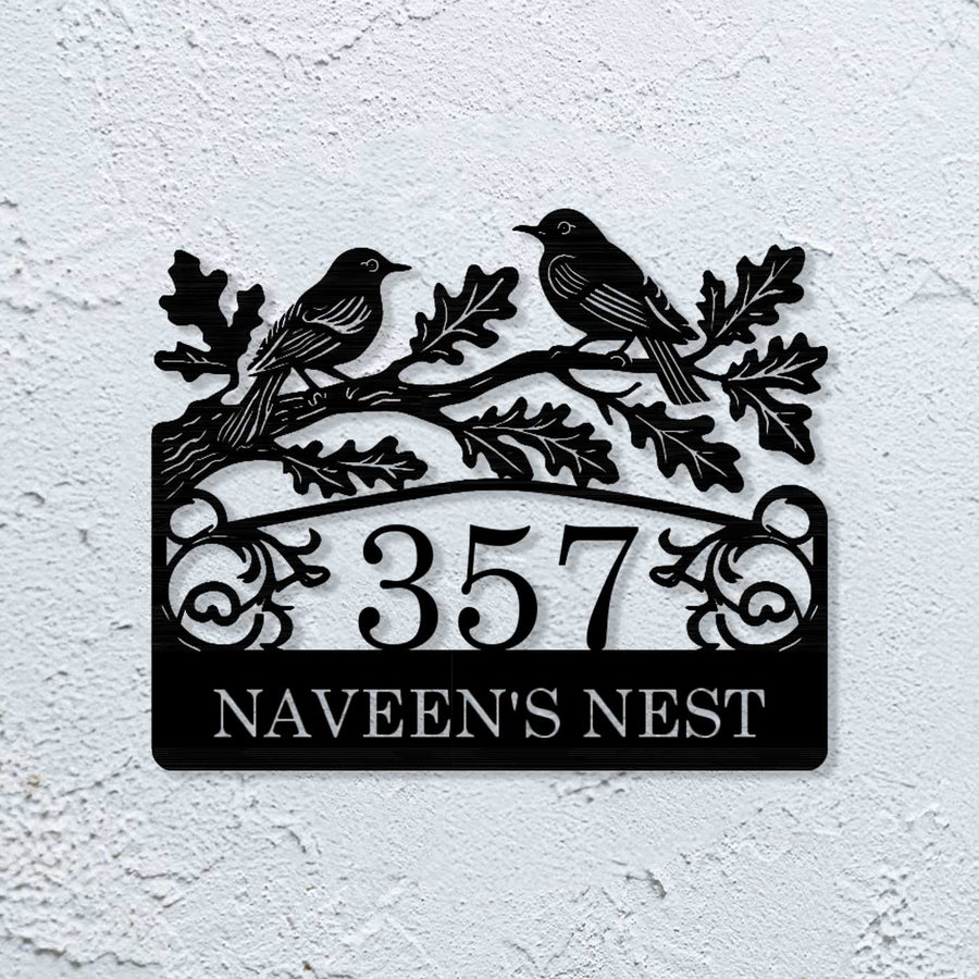 Personalized Laser Cut Birds Theme Steel Name Plate - Mounted on White Wall Front View