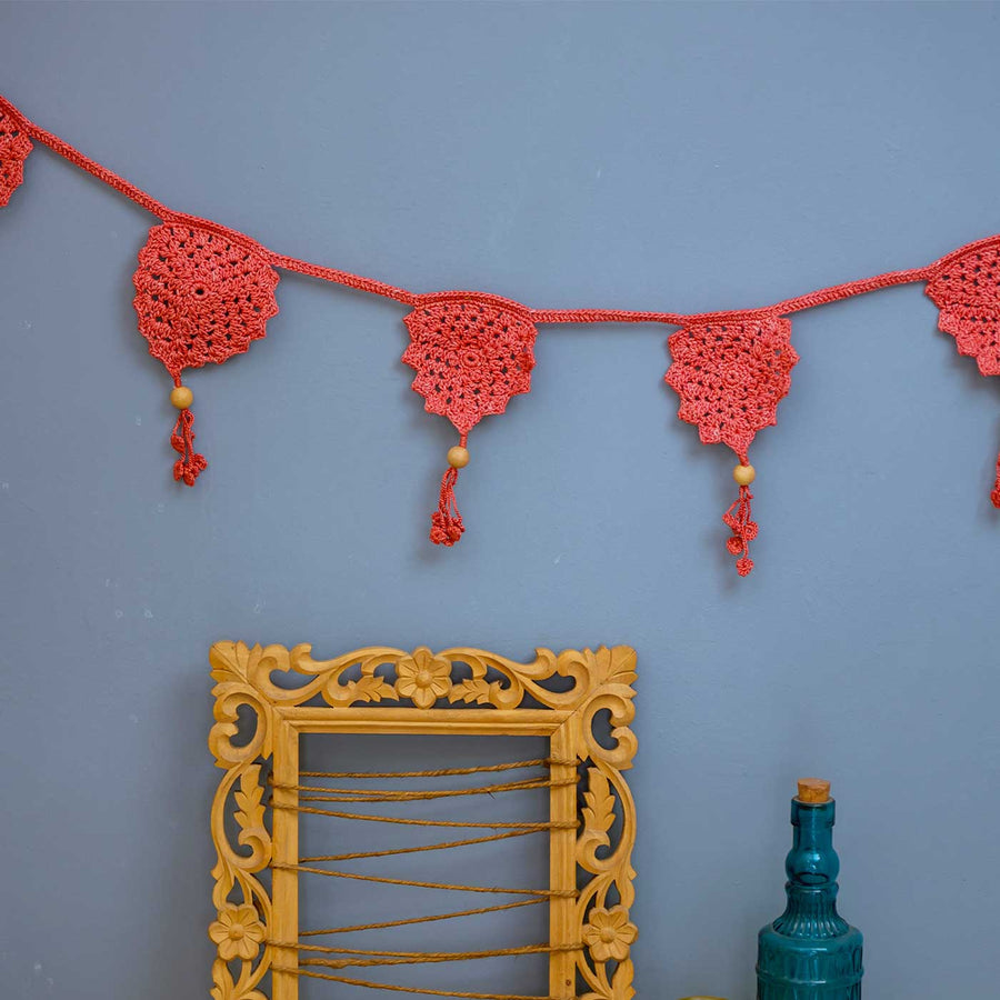 Handmade Crochet Rust Red Bird Boho Cotton Bunting - Hanging Decorative Garland Close-up