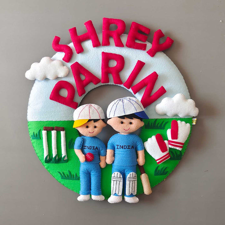 Personalized Soprts Theme Felt Kids Name Plate For Siblings - Front View with Name Personalization