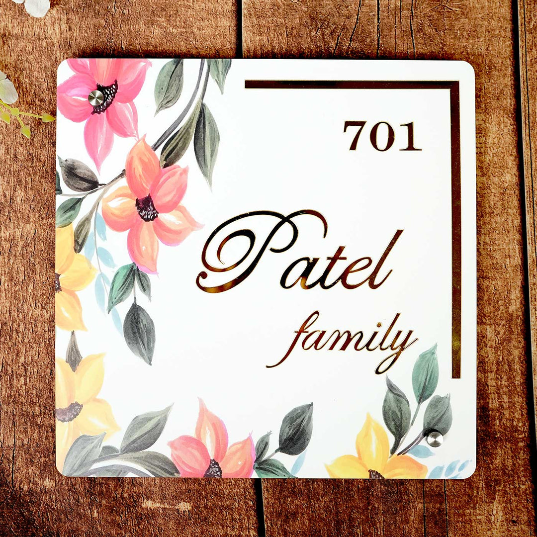Floral Multicolour Personalized Square Acrylic Name Plate For Home