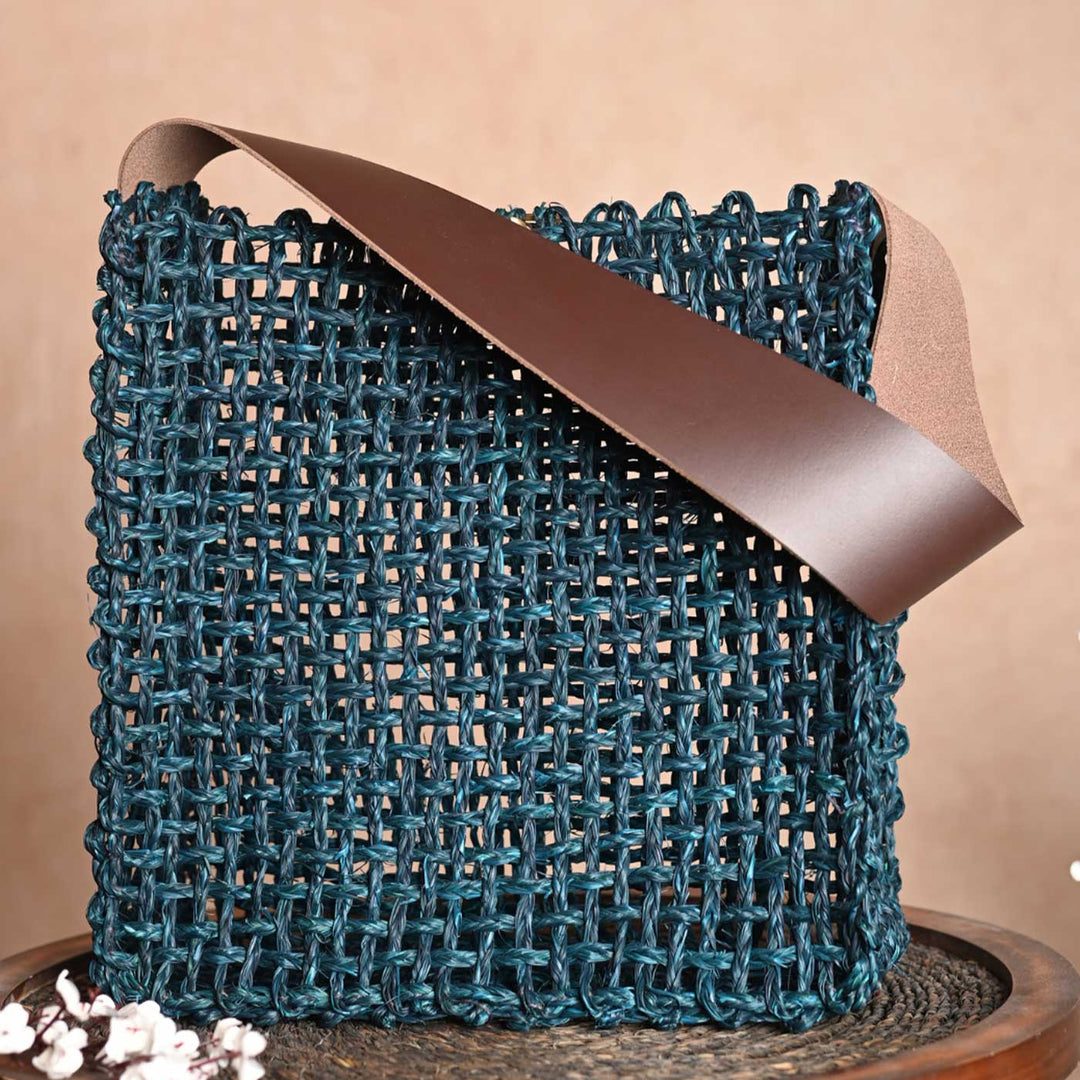 Handmade Grass Woven Box Shaped Leather Strap Indigo Sabai Mesh Tote Bag