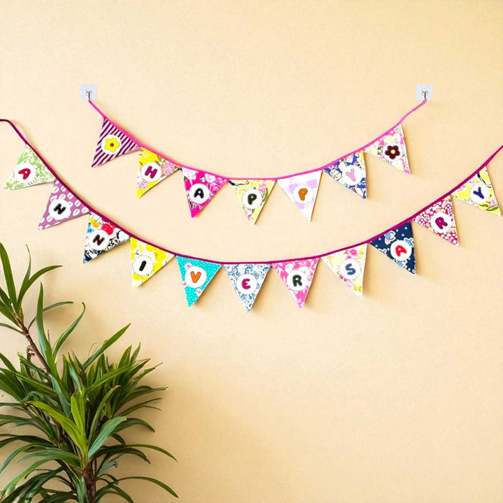 Handmade Multicolored "Happy Anniversary" Upcycled Fabric Bunting