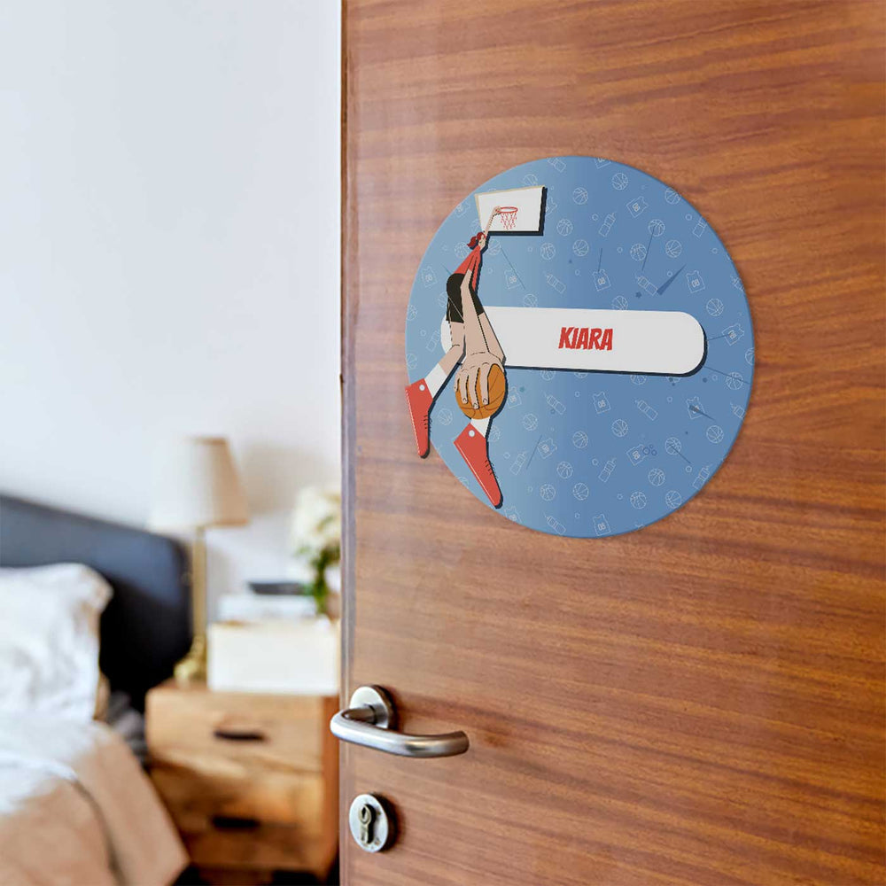 Personalized Basketball Fever Girl Theme Acrylic Kids Name Plate - Door Mounted Name Personalization Example