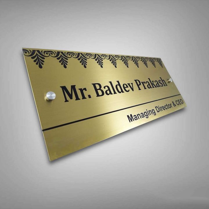 Personalized Weatherproof Luxurious Gold Stainless Steel Name Plate - Angled Front View Showing Mounts