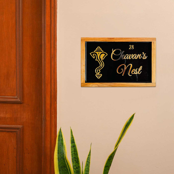 Personalized Ganesha Face Theme Resin Name Plate With Teak Wood Border For Couples - Mounted on Entryway Wall