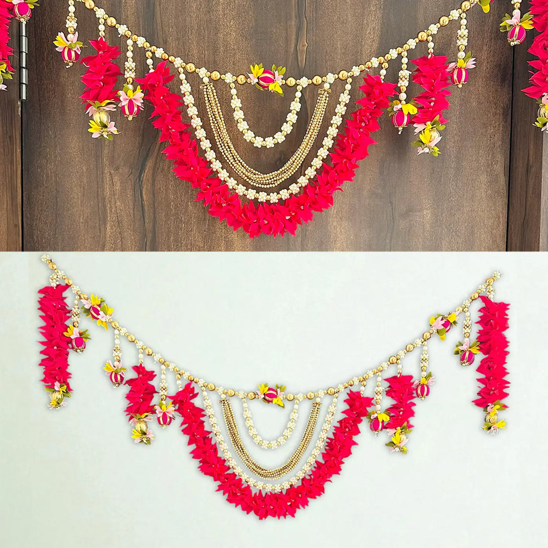40 / 44 In | Handmade Beaded Rani Pink Gajra With Moti Toran