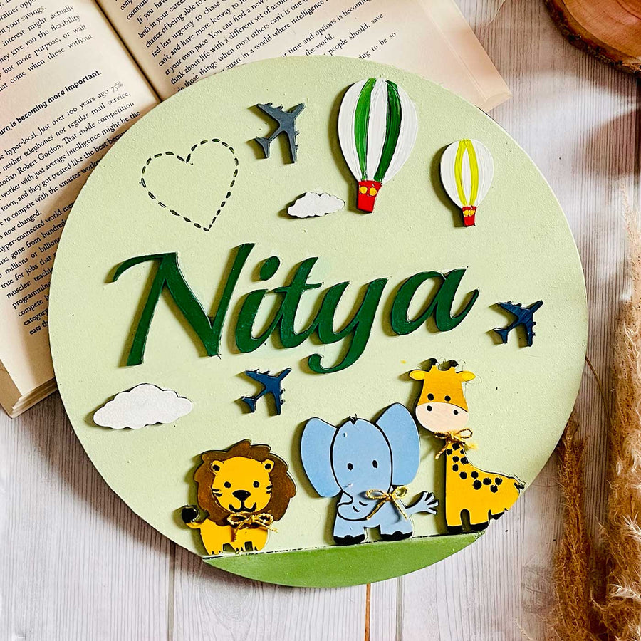 Personalized Hand Painted Jungle Mdf Wood Kids Name Plate - Name Personalization Example Front View