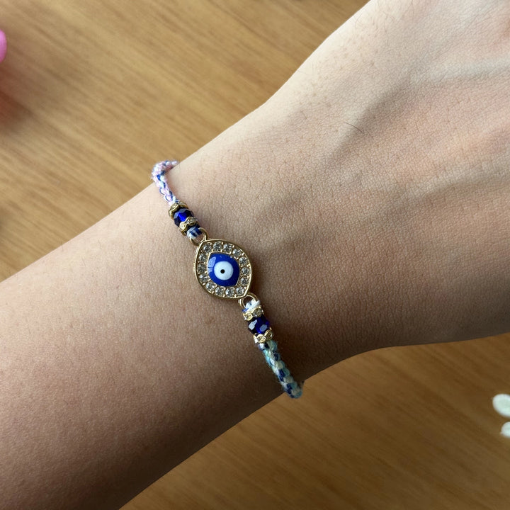 Handmade Stone Embedded Evil Eye Rakhi With Roli Chawal - Wrist Wearing Different Angle