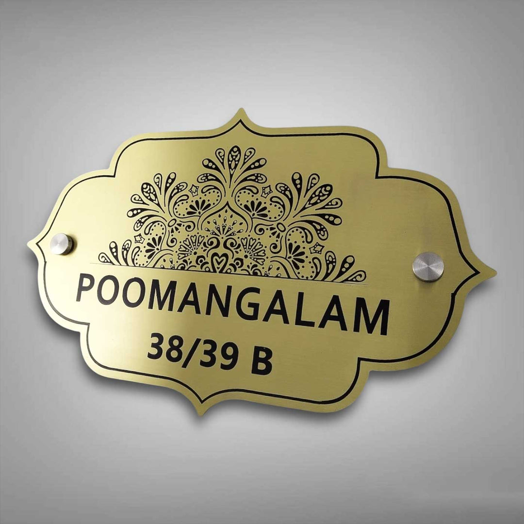 Personalized Floral Theme Engraved Gold Stainless Steel Name Plate - Front View Mounted with Screws