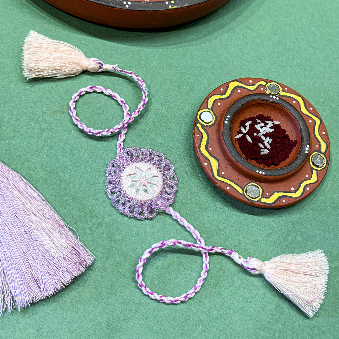 Handmade Reusable Lavender Mirror And Jhumki Rakhi For Brother - Decorative Setup with Accessories