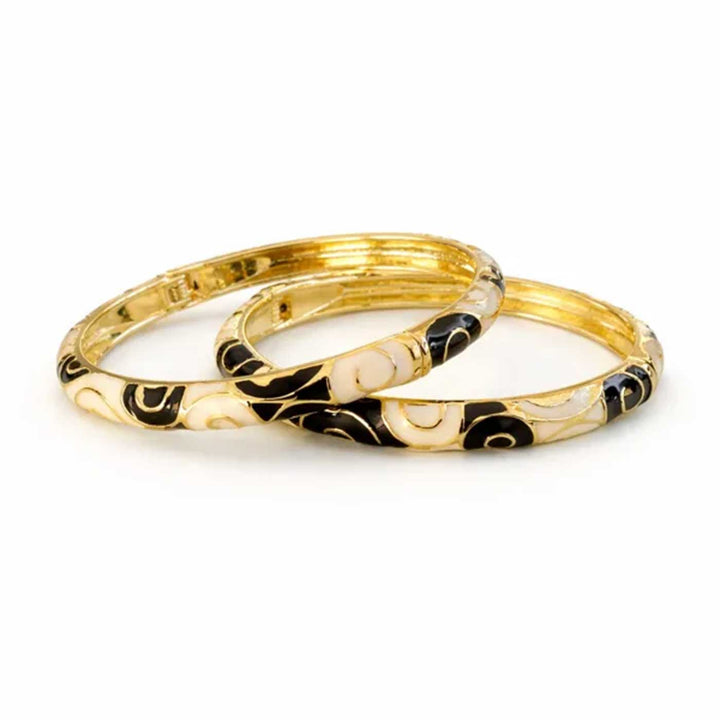 Handcrafted Paisley Swirl Enamel 18K Gold Plated Stainless Steel Openable Bangle - Black & Ivory