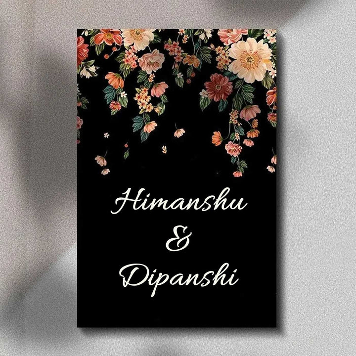 Printed Dark Blue Spring Floral Wooden Vertical Nameplate - Hanging Flat Against Wall