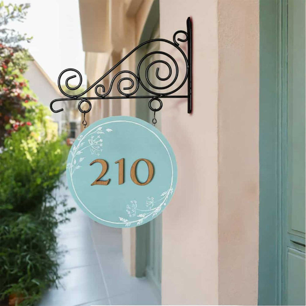 Personalized Hand Painted Blue Wood And Metal Name Plate - Side View Hanging on Wall Bracket