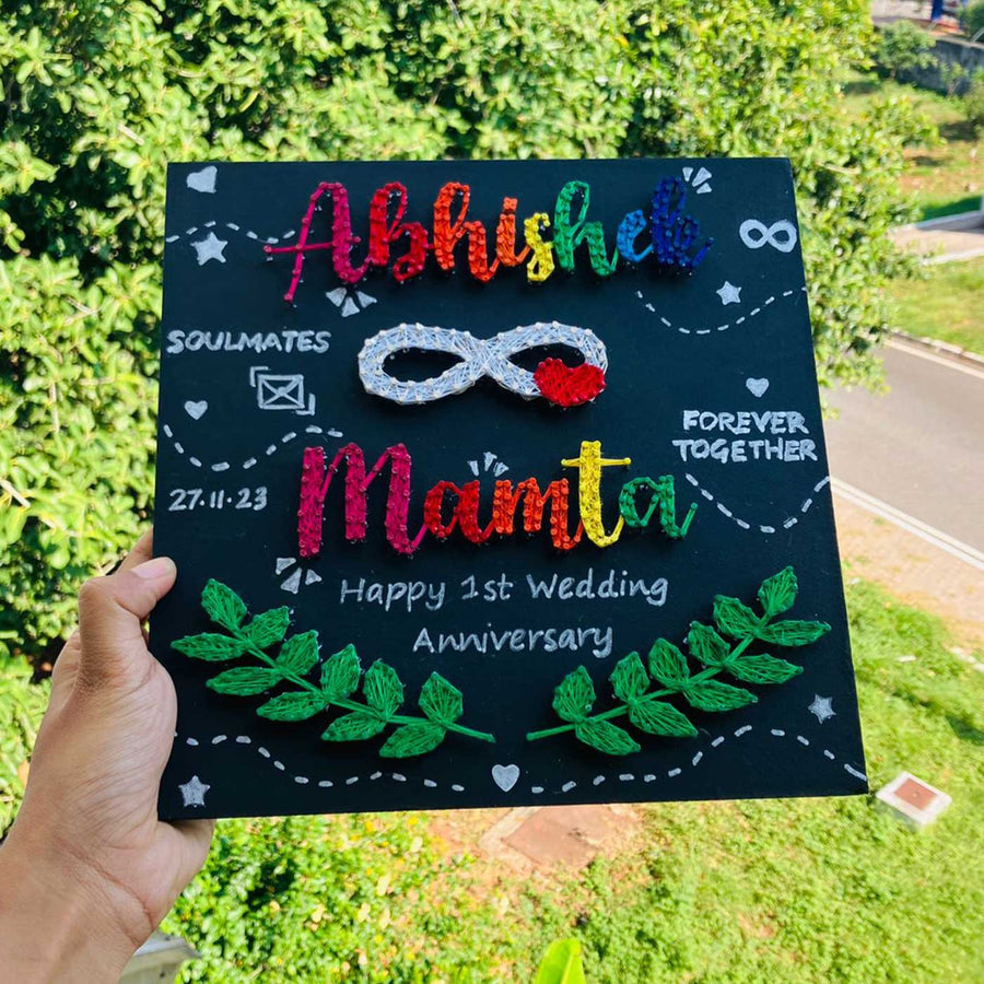 Personalized String Art Infinity Theme Mdf Wood Name Plate For Kids - Handheld Front View with Background
