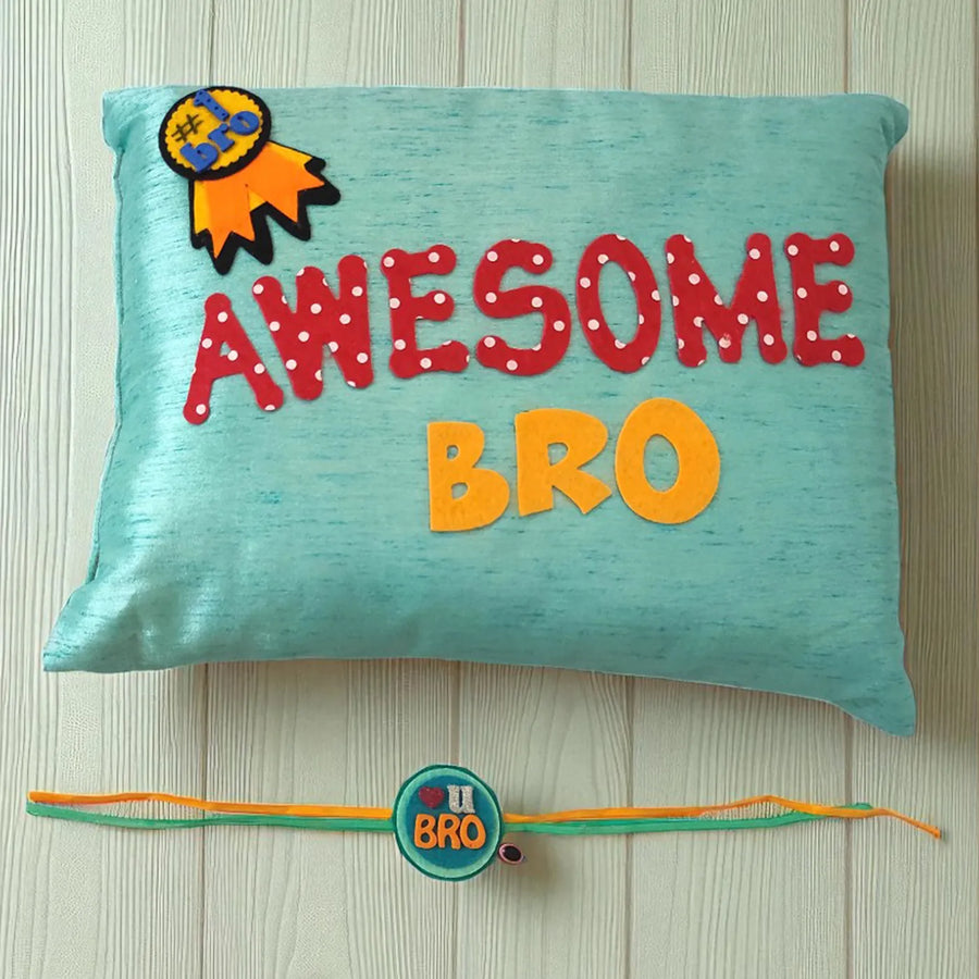 Handmade Awesome Bro Felt Rakhi Hamper With Roli Chawal Includes 1 Pillow 1 Rakhi - Pillow and Rakhi Set Display