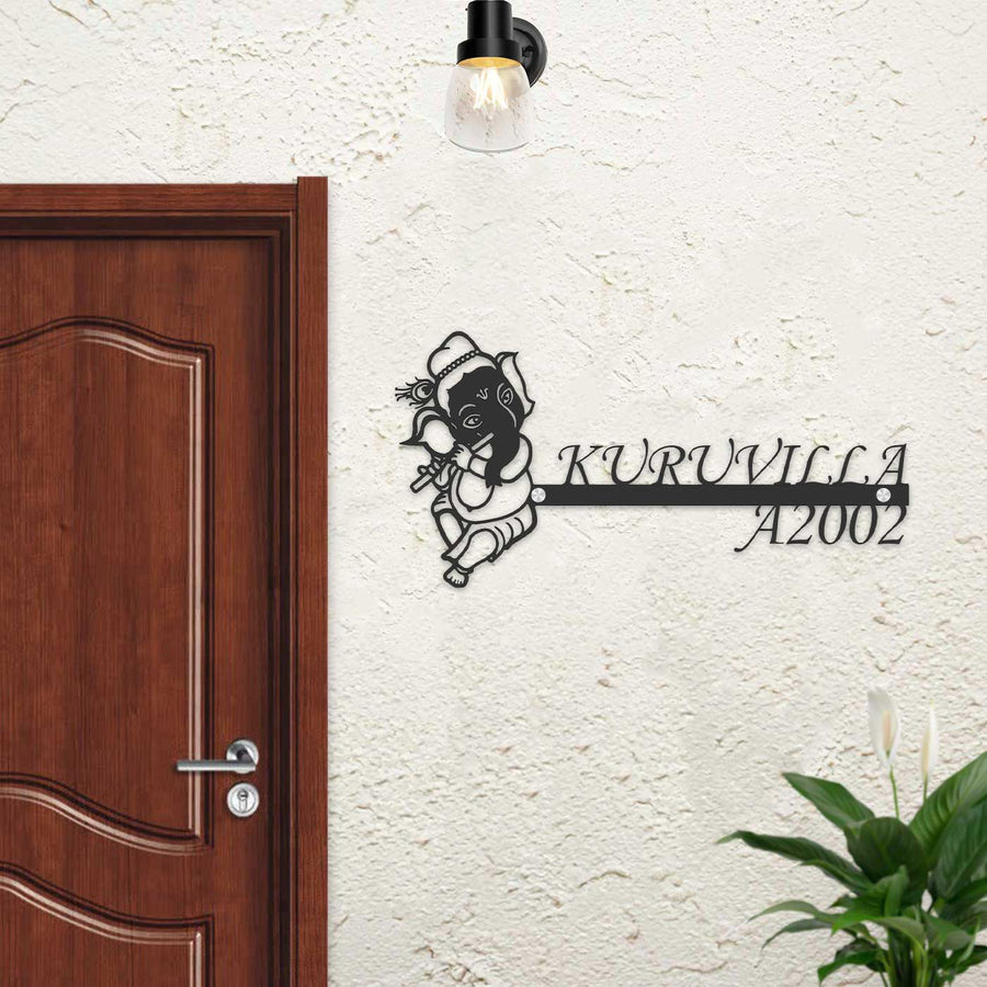 Personalized Ganesha Laser Cut Metal Name Plate 1 - Mounted on Entryway Wall
