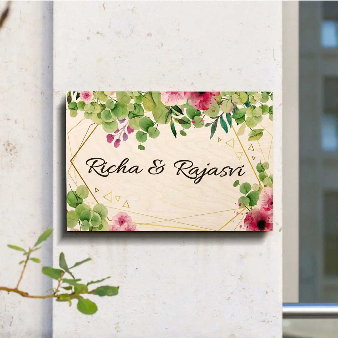 Printed Green And Pink Spring Floral Wooden Rectangle Nameplate - Mounted on Wall Close-up