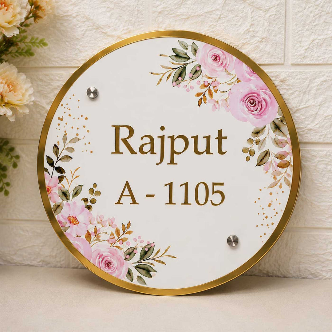 Elegant Rose Floral Personalized Round Acrylic Name Plate For Home