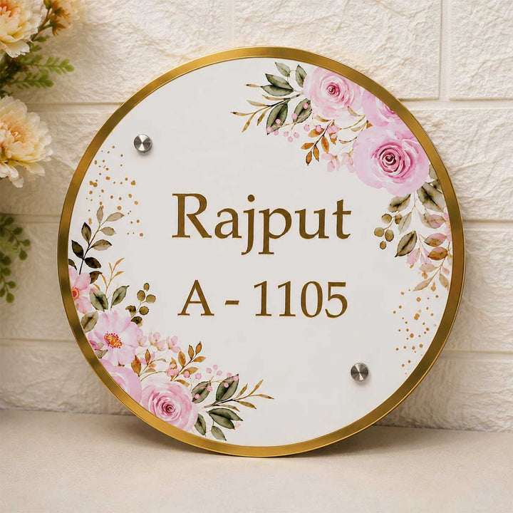 Elegant Rose Floral Personalized Round Acrylic Name Plate For Home