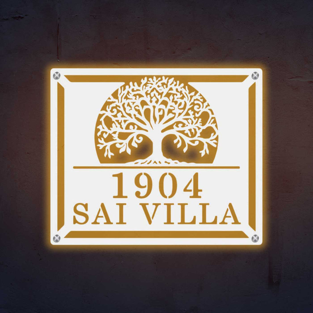 Personalized Laser Cut Tree Of Life Theme Steel Name Plate - Mounted on Wall with Backlight