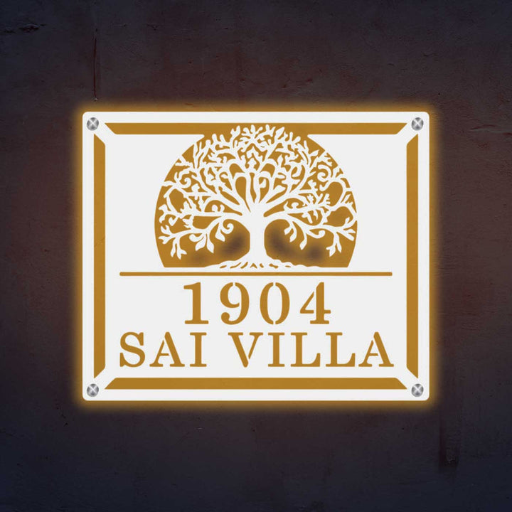 Personalized Laser Cut Tree Of Life Theme Steel Name Plate - Mounted on Wall with Backlight