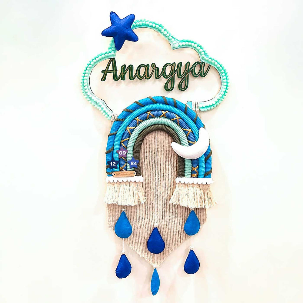 Macrame Cloud Rainbow Personalized Kids Name Plate 1 - Front View Hanging Wall Decor