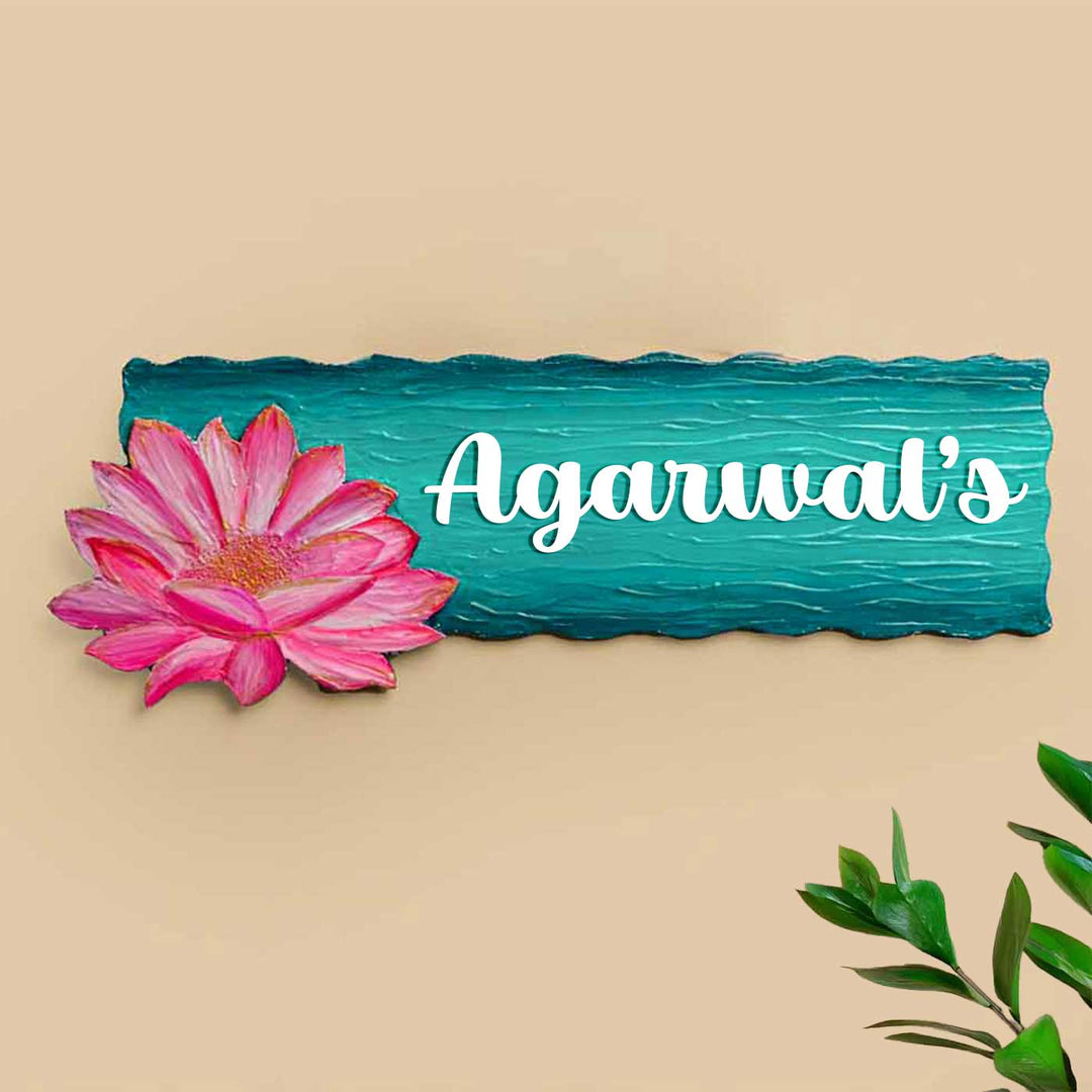 Personalized Lotus Theme Mdf Wood Name Plate - Front View with Name Personalization