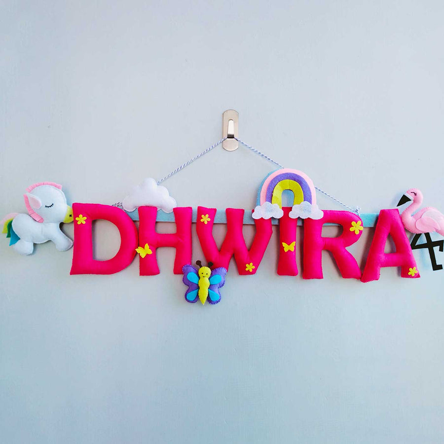 Personalized Unicorn Theme Felt Kids Name Plate 3 - Front View Hanging on Wall