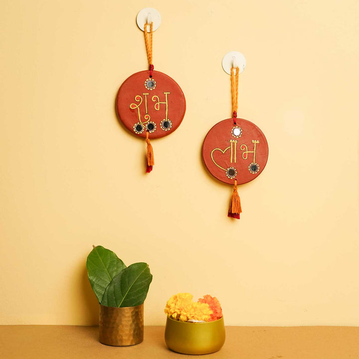 2 Pc | Handmade Brown Shubh - Labh Terracotta Hanging