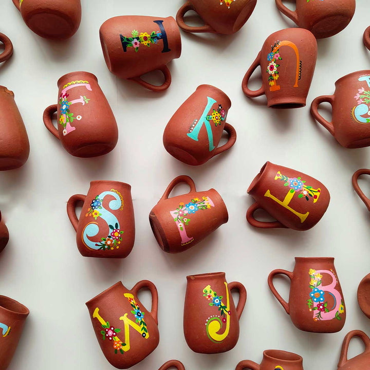 Personalized Hand-painted Floral Theme Monogram Terracotta Mug - Q
