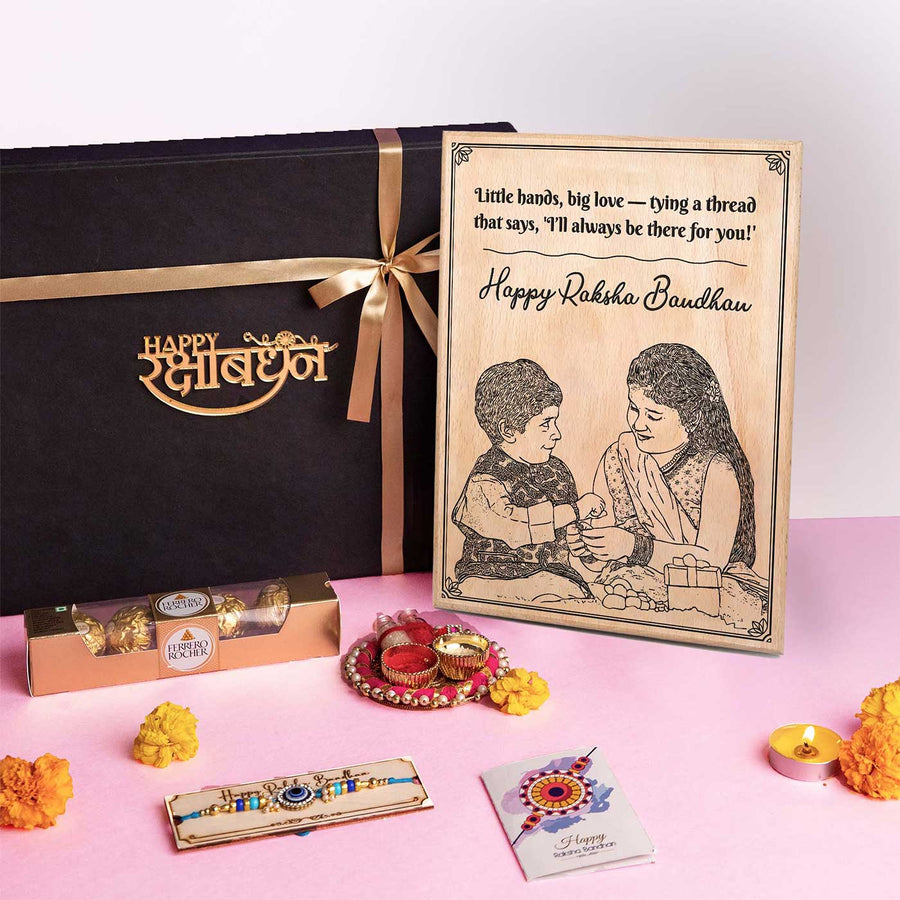 Photo Personalized Engraved Cute Bro Sis Theme Square Wooden Decorative Plaque Rakhi Hamper Includes 1 Rakhi 1 Plaque 1 Chocolate 1 Card And 1 Rakhi Plate - Gift Set Display with Packaging