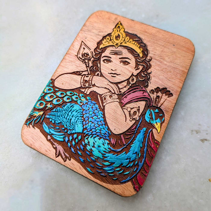 Engraved & Hand-Painted Murugan with Mayil Mahogany Wood Fridge Magnet
