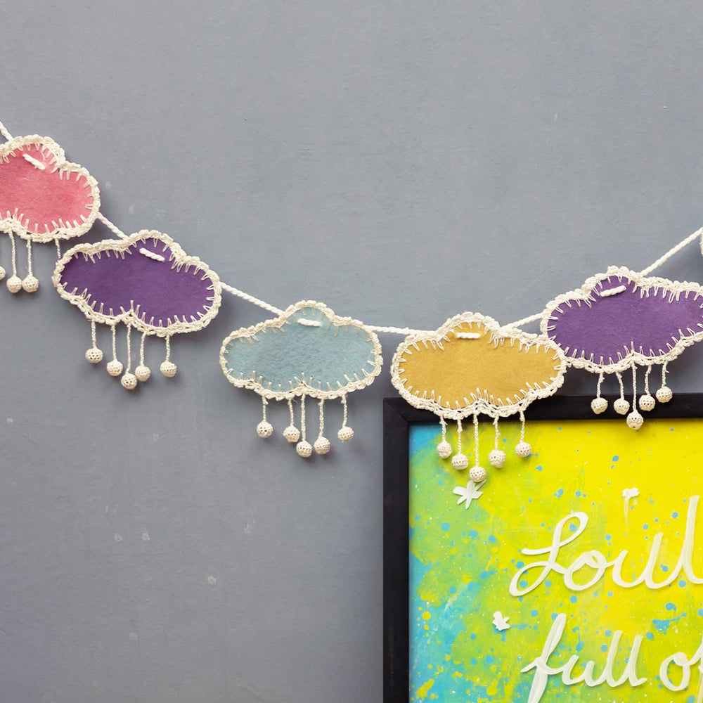 Handmade Crochet Cloud Themed Felt Bunting - Close-up Hanging Garland Display
