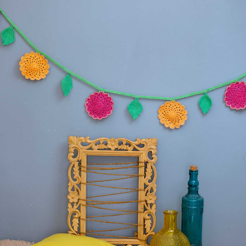Handmade Crochet Flower Themed Cotton Bunting - Decorative Wall Hanging and Tabletop Display