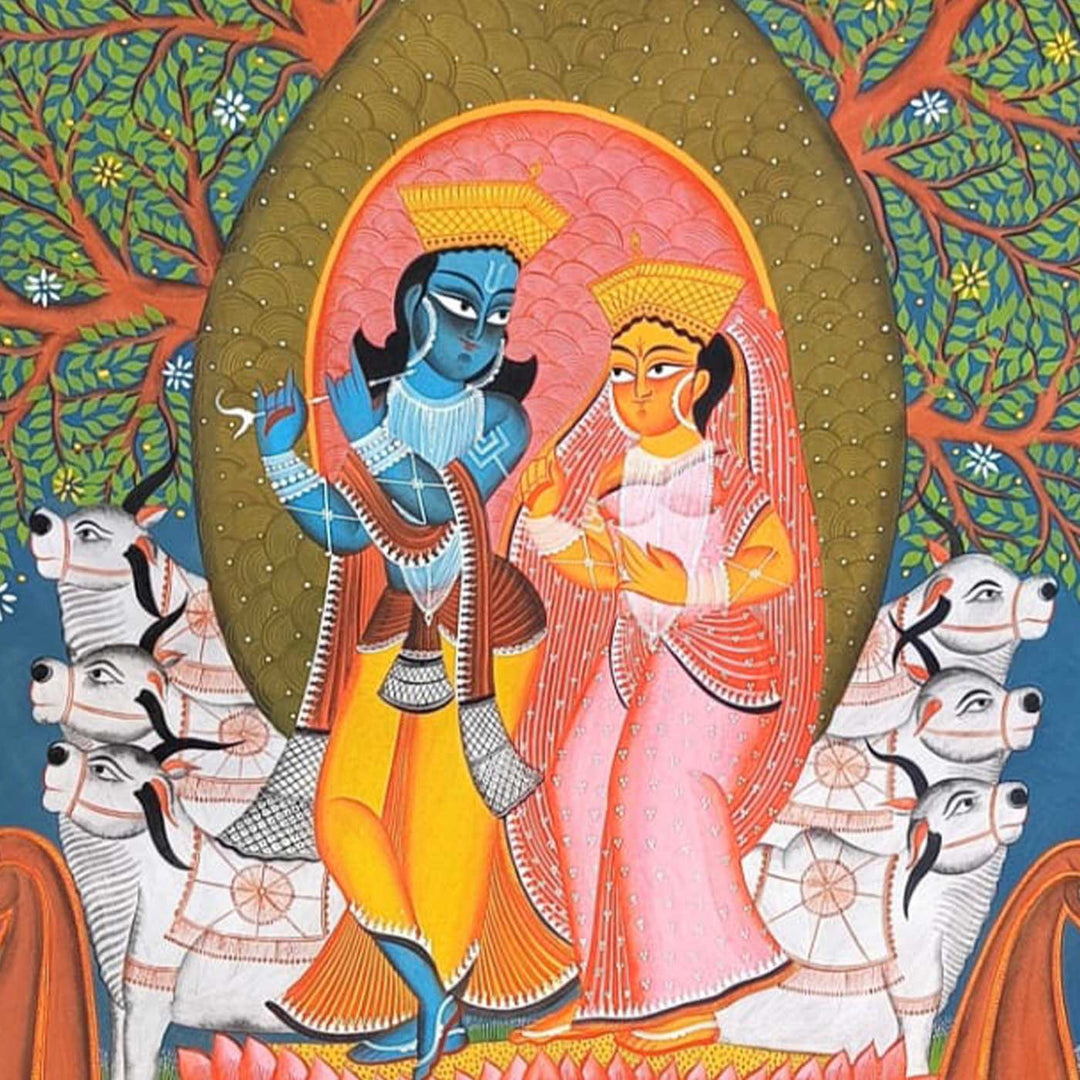 29 x 48 Inch | Radha Krishna On Boat | Original Hand Painted Kalighat Painting | Natural Pigment On Paper