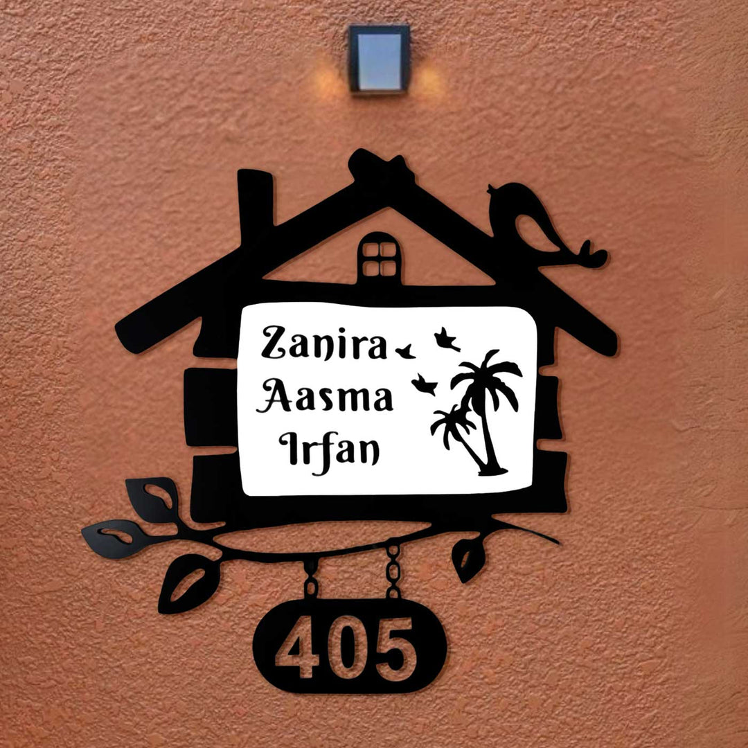Personalized House Shaped Acrylic Name Plate - Mounted on Exterior Wall with Light