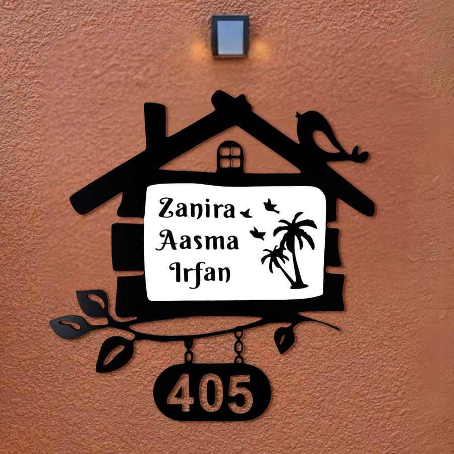 Personalized House Shaped Acrylic Name Plate - Mounted on Exterior Wall with Light