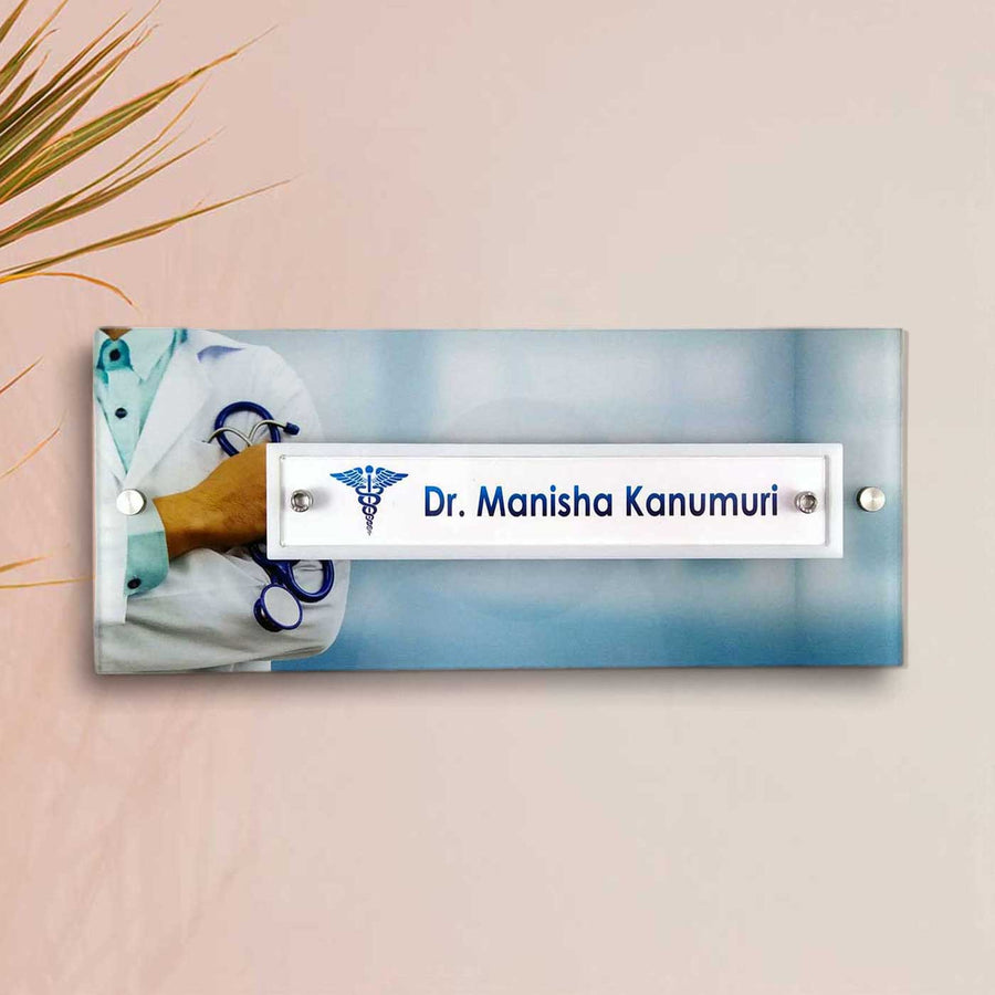 Personalized Profession Theme Acrylic Name Plate For Doctors - Front View with Name Personalization