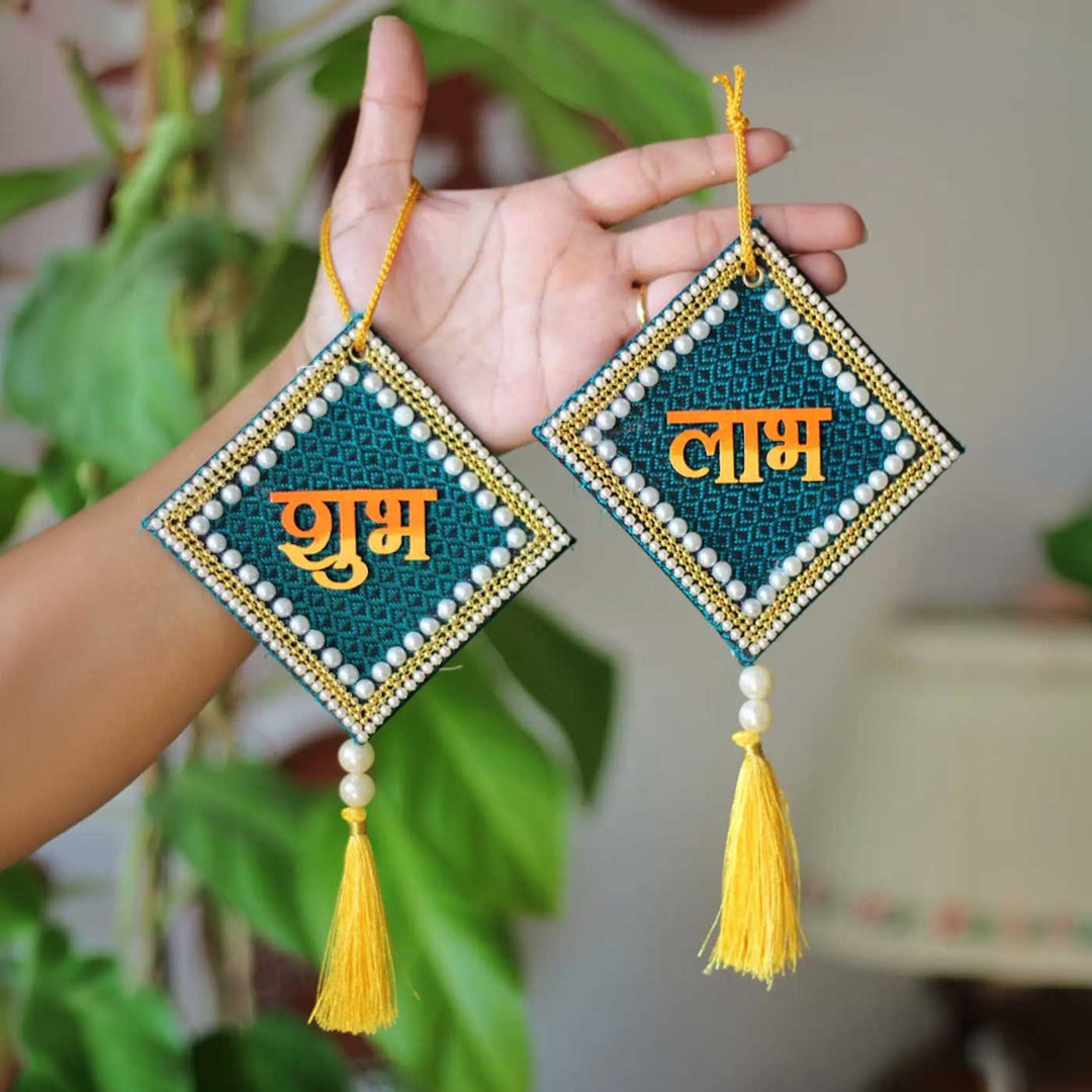 2 Pc |  Handcrafted Traditional Khun Fabric Shubh Labh Wall Hanging For Festive Decor