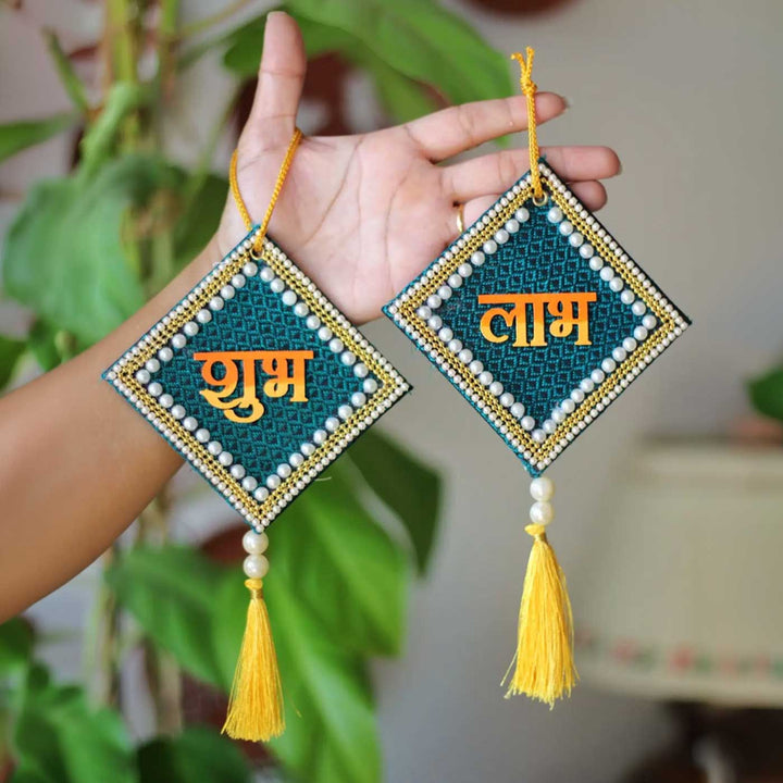 2 Pc |  Handcrafted Traditional Khun Fabric Shubh Labh Wall Hanging For Festive Decor