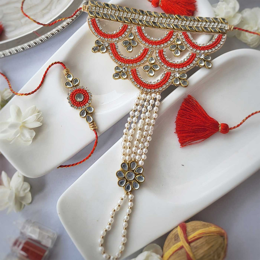 Handmade Beaded Pearl Hathfool Rakhi Hamper With Roli Chawal For Bhaiya And Bhabhi - Full set view on display tray