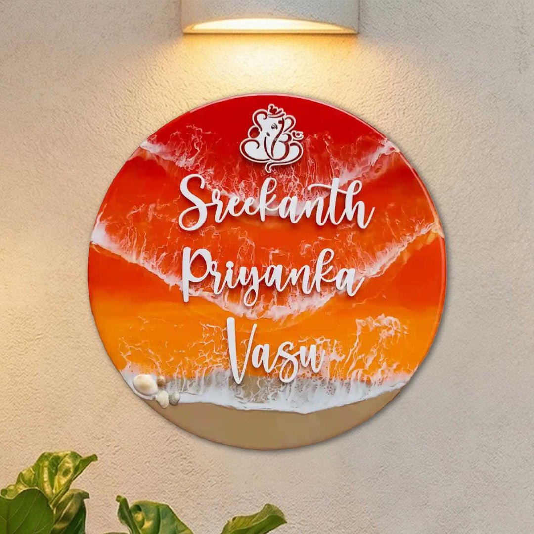 Orange Personalized Ocean Effect Round Resin Name Plate | With 3D Acrylic Letters