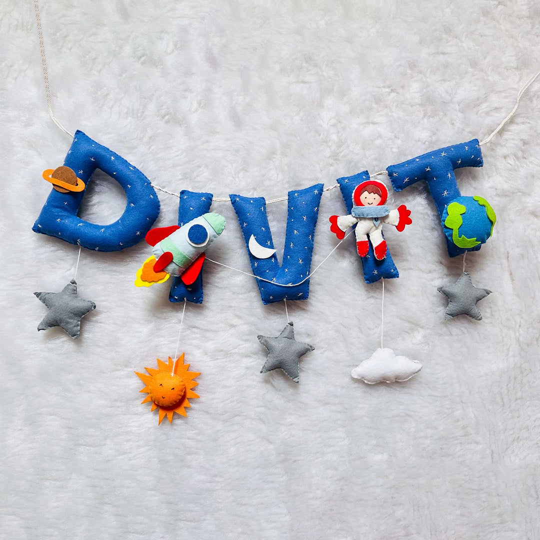 Handcrafted Personalized Space Themed Bunting For Kids - Front View Hanging Letter Garland