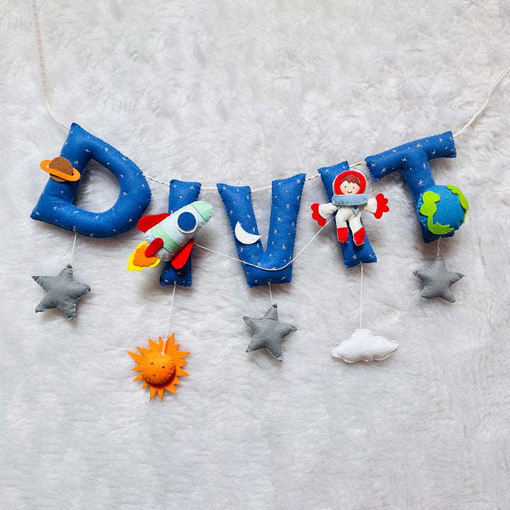 Handcrafted Personalized Space Themed Bunting For Kids - Front View Hanging Letter Garland