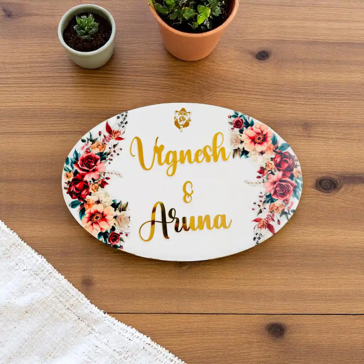 White & Red Floral Personalized Oval Resin Nameplate | With 3D Acrylic Letters