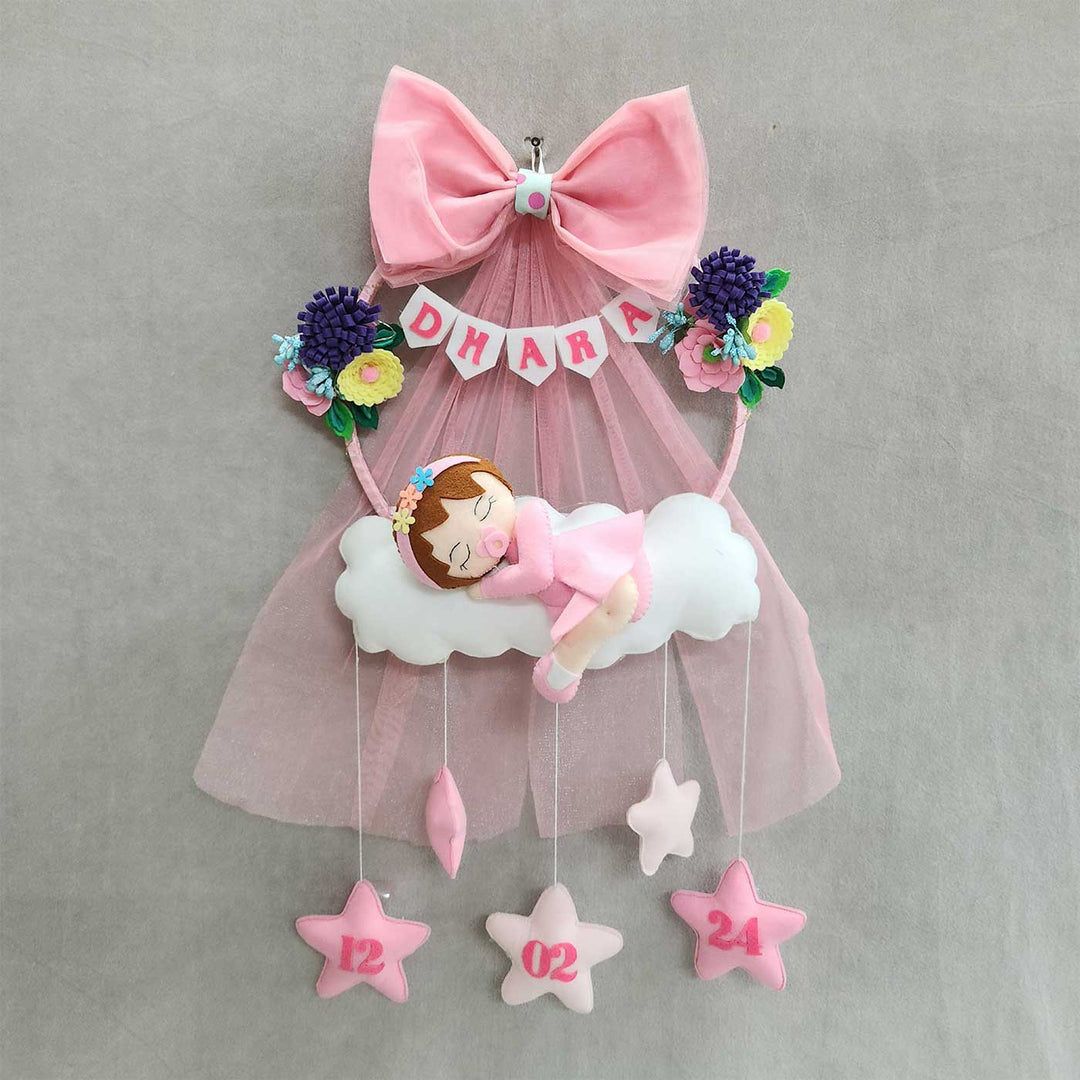 Personalized Cloud Theme Felt Kids Name Plate For Girls - Front View Hanging Nursery Decor