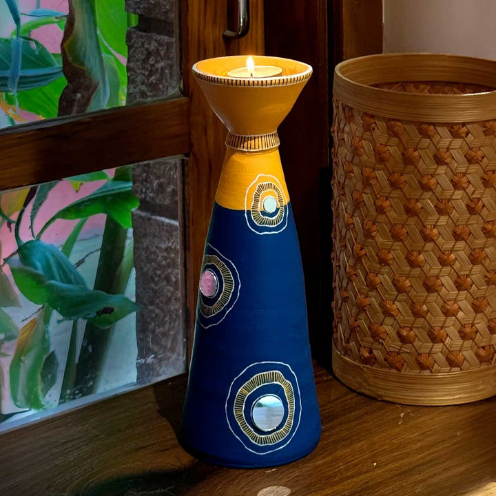 Blue Bloom Hand-Painted Terracotta Long Diya Tealight Holder For Festive Decor