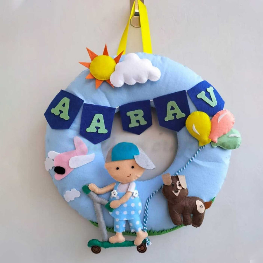 Personalized Scooter Theme Felt Kids Name Plate - Hanging on Wall with Ribbon Loop